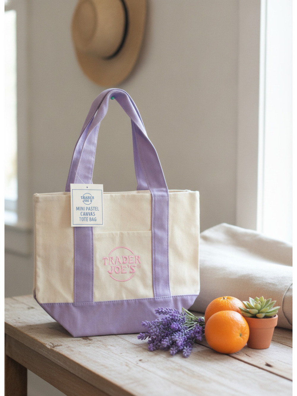 Trader Joe's Mini Pastel Canvas Tote Bag - Lavender and Cream